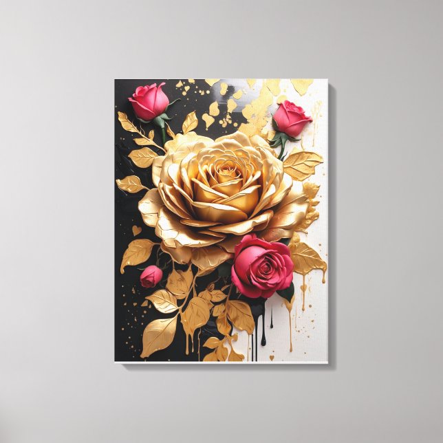 Elegant Contrast: Gold and Pink Roses Canvas Print (Front)