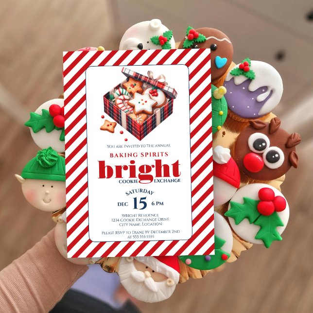 Elegant Cookie Exchange Party Blue Red Invitation (Baking spirits bright cookie exchange party invitation front view.)
