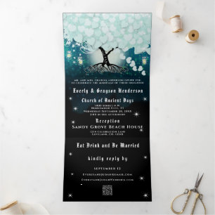 Elegant Cool Aqua Heart Leaf Wedding Tri-Fold Invitation