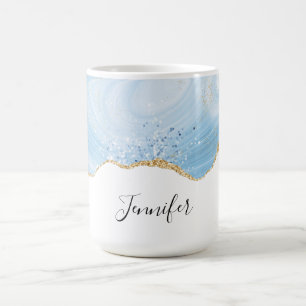 Elegant Cool Blue Agate and Gold Glitter Border Coffee Mug