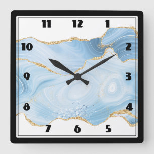 Elegant Cool Blue Agate and Gold Glitter Border Square Wall Clock