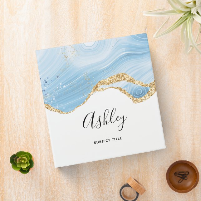 Elegant Cool Blue Agate and Gold Glitter Ribbon Binder (In Situ)
