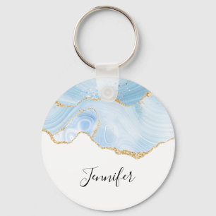Elegant Cool Blue Agate and Gold Glitter Ribbon Keychain