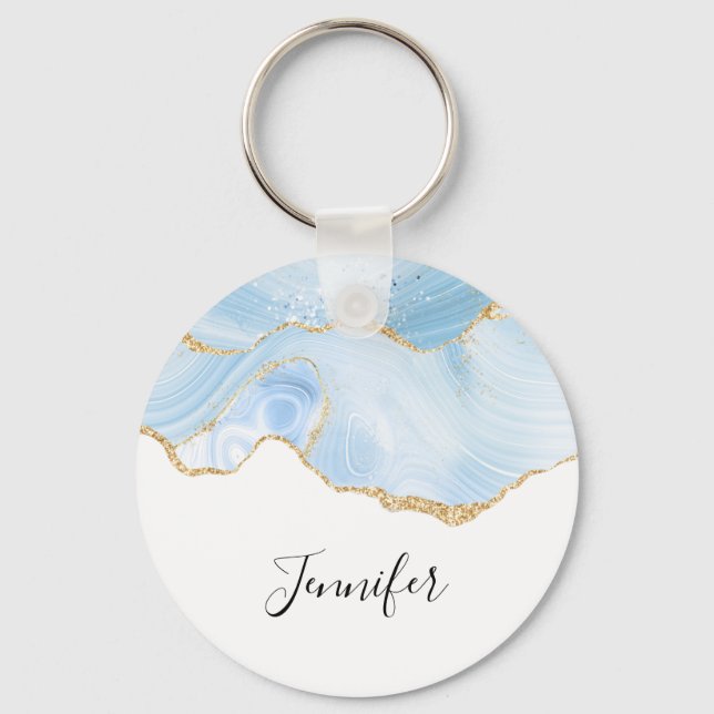 Elegant Cool Blue Agate and Gold Glitter Ribbon Keychain (Front)