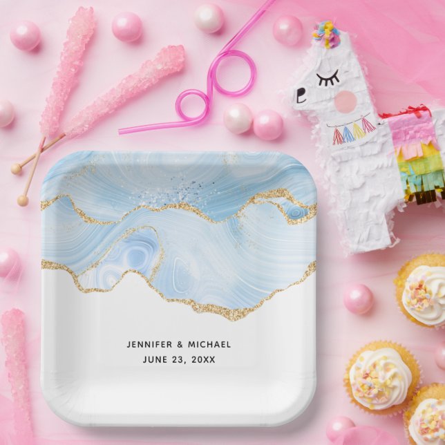 Elegant Cool Blue Agate and Gold Glitter Ribbon Paper Plate (Party)