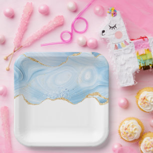 Elegant Cool Blue Agate and Gold Glitter Ribbon Paper Plate