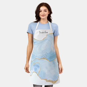 Elegant Cool Blue Agate with Gold Glitter Ribbon Apron