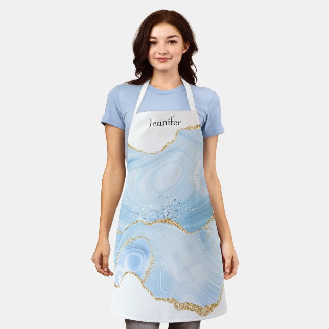 Elegant Cool Blue Agate with Gold Glitter Ribbon Apron (Worn)