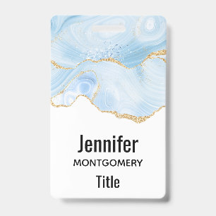 Elegant Cool Blue Agate with Gold Glitter Ribbon Badge