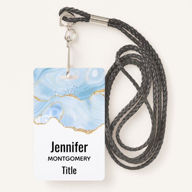 Elegant Cool Blue Agate with Gold Glitter Ribbon Badge (Front with Lanyard)