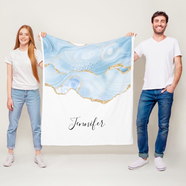 Elegant Cool Blue Agate with Gold Glitter Ribbon Fleece Blanket (In Situ)