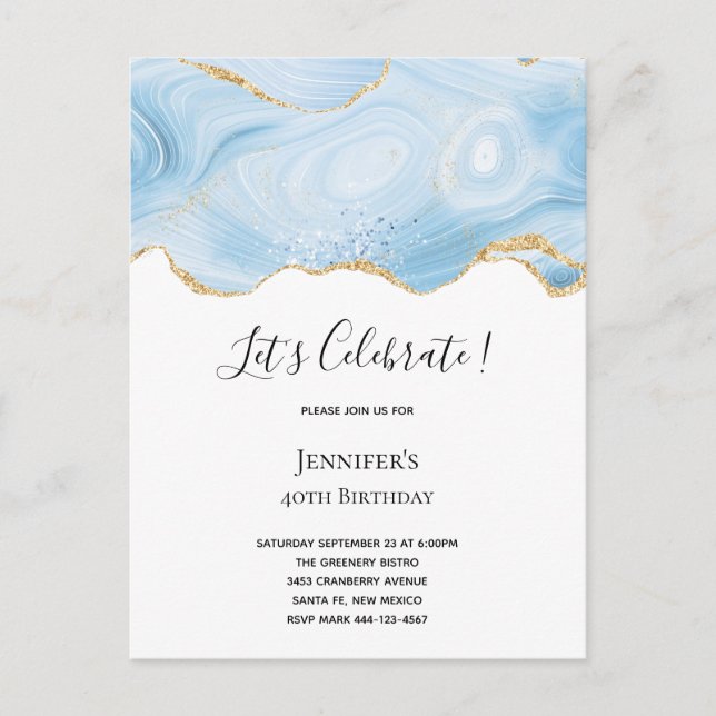 Elegant Cool Blue Agate with Gold Glitter Ribbon Invitation Postcard (Front)