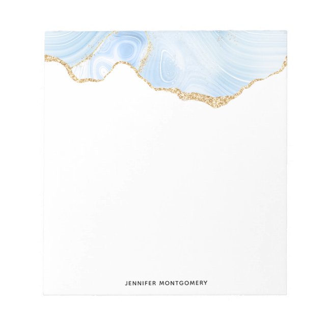 Elegant Cool Blue Agate with Gold Glitter Ribbon Notepad (Front)