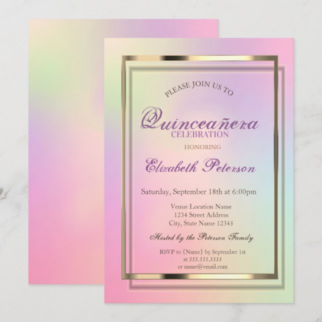 Elegant  Cool  Holographic Quinceañera Invitation (Front/Back)