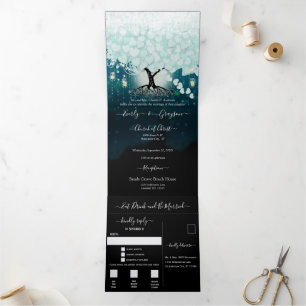 Elegant Cool Mint Green Aqua Heart Leaf Wedding Tri-Fold Invitation