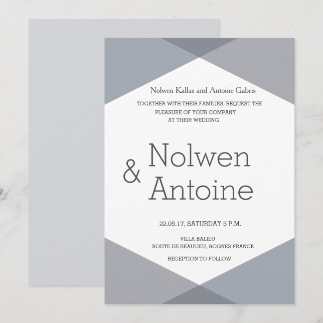 Elegant cool modern lilac grey geometric wedding invitation (Front/Back)