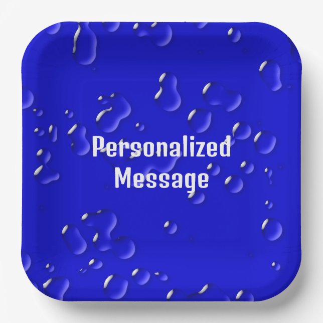 Elegant Cool Personalized Blue White Rain Drops Paper Plate (Front)