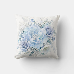 Elegant Cool Winter Blue & White Floral Bouquet Throw Pillow