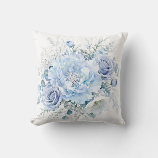 Elegant Cool Winter Blue & White Floral Bouquet Throw Pillow