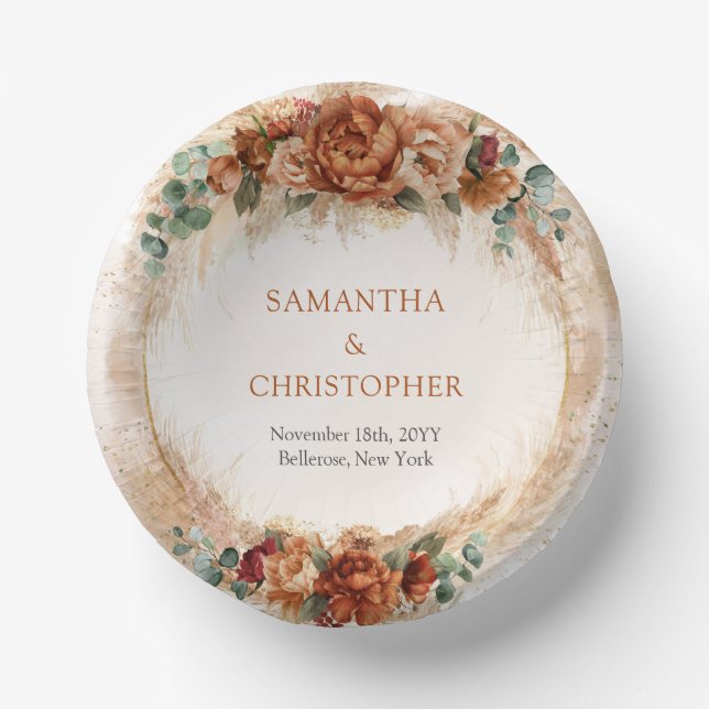 Elegant Copper and burgundy flowers greenery arch Paper Plate (Front)