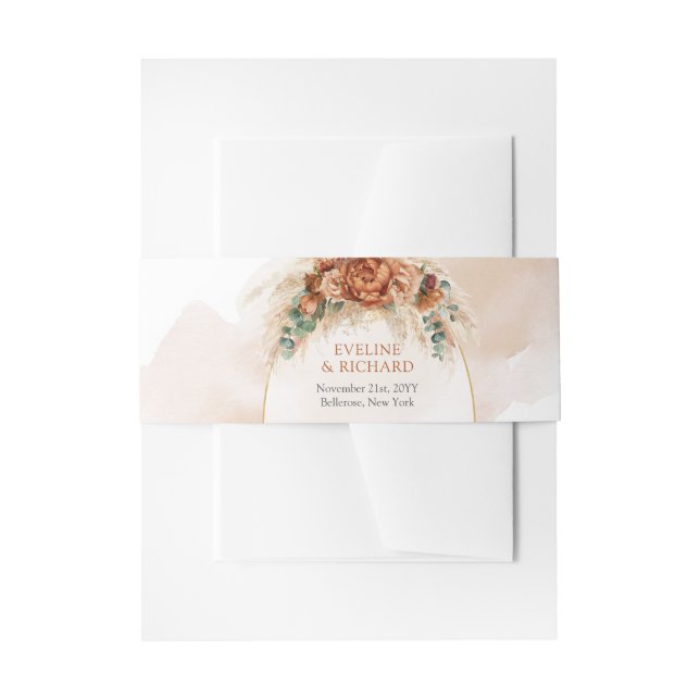 Elegant Copper and burgundy flowers greenery boho Invitation Belly Band (Front Example)