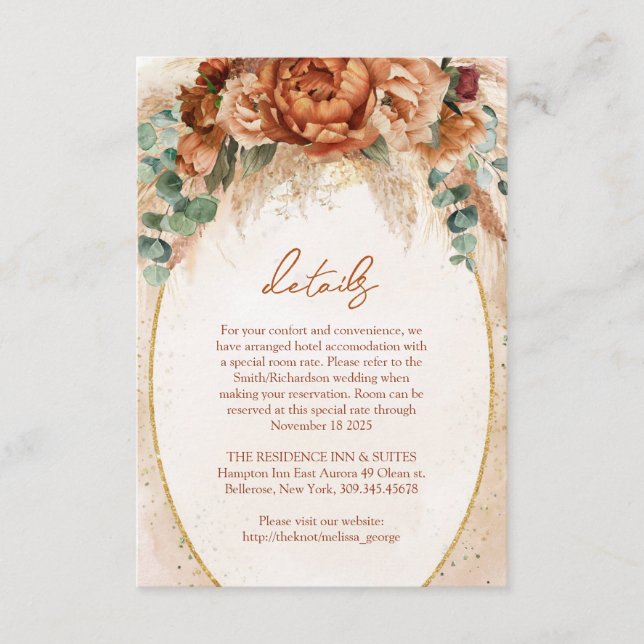 Elegant Copper and burgundy flowers pampas details Enclosure Card (Front)