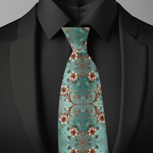Elegant Copper and Turquoise Floral Pattern  Tie (Creator Uploaded)