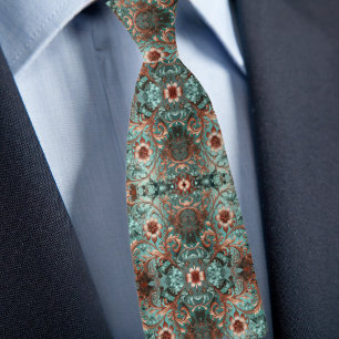 Elegant Copper and Turquoise Formal Floral  Tie