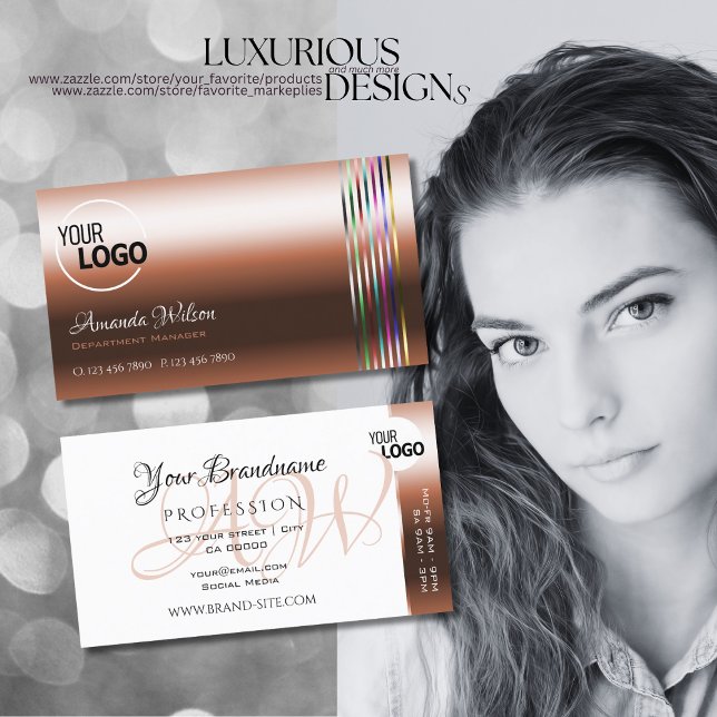 Elegant Copper and White Colourful Stripes add Log Business Card (Creator Uploaded)