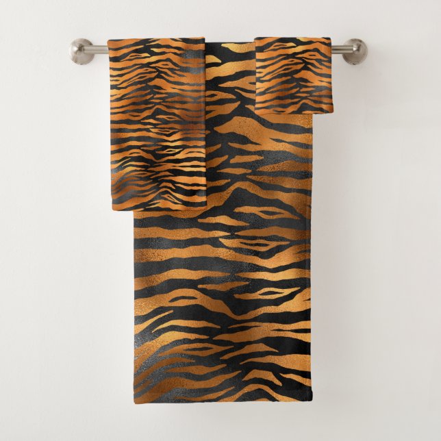 Elegant Copper Black Tiger Animal Print Bath Towel Set (Insitu)