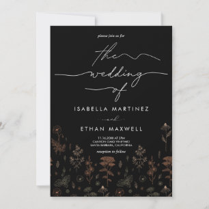 Elegant Copper Botanical Modern Black Wedding Invitation