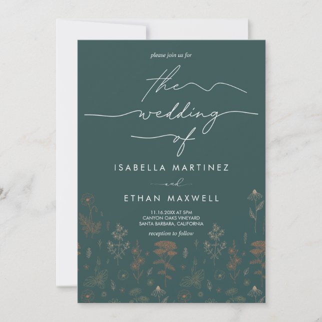 Elegant Copper Botanical Script Dark Teal Wedding  Invitation (Front)