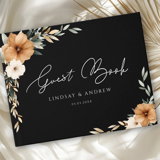 Elegant Copper Earthy Botanical Black Wedding Guest Book (Elegant Boho Copper Earthy Botanical Black Custom Wedding Guest Book)