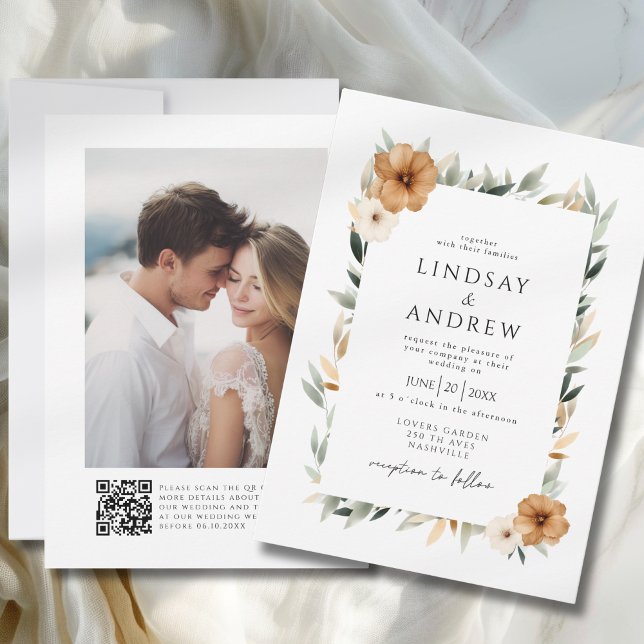 Elegant Copper & Earthy Botanical Photo Wedding Invitation (Elegant Copper & Earthy Botanical Photo & QR Code Wedding Invitation)