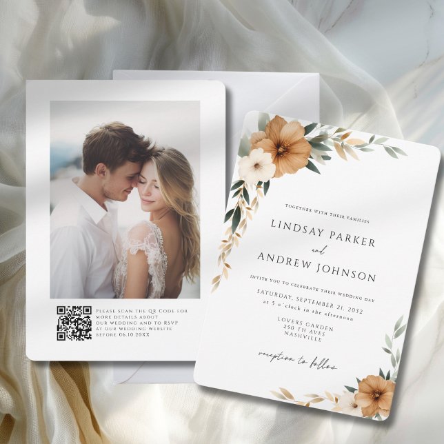 Elegant Copper & Earthy Botanical Wedding Photo Invitation (Elegant Copper & Earthy Photo QR Code Botanical Wedding Invitation)
