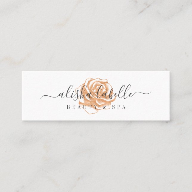 Elegant Copper Floral Rose Flower & Script Mini Business Card (Front)