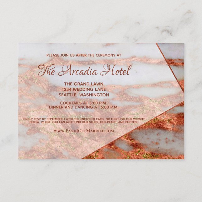 Elegant Copper Gold Marble Geometric Reception Enclosure Card (Front)