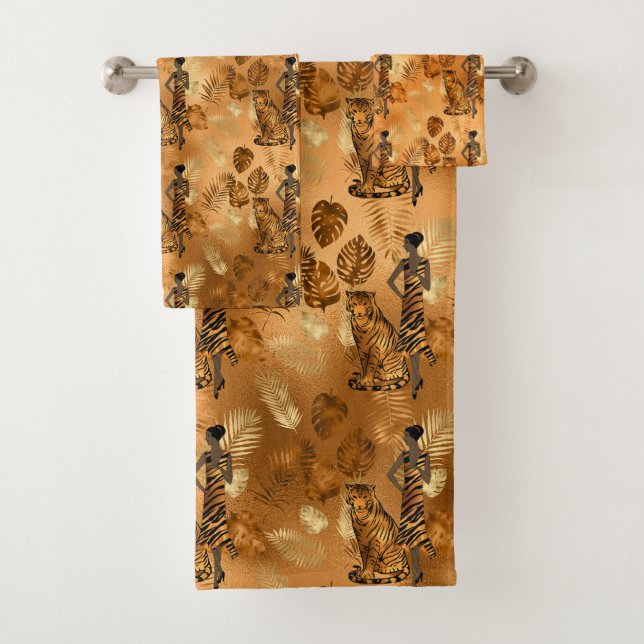 Elegant Copper Gold Tiger Lady Graphic Bath Towel Set (Insitu)