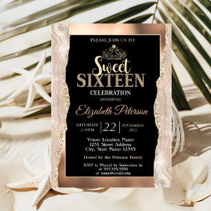 Elegant Copper Marble Glitter Sweet 16 Invitation