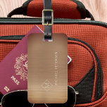 Elegant copper monogrammed name modern luggage tag<br><div class="desc">Modern luxury exclusive looking luggage tag on a faux metallic brushed copper bronze background with geometric diamond shaped white monogram. Personalize it with your name,  monogram,  and details on both sides!</div>