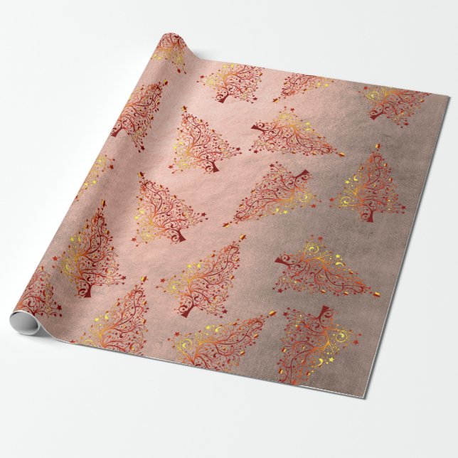 Elegant copper rose gold Christmas tree pattern Wrapping Paper (Unrolled)