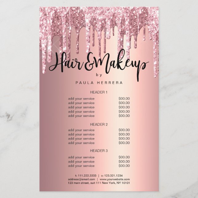 Elegant copper rose gold glitter drip hair makeup flyer (Front)