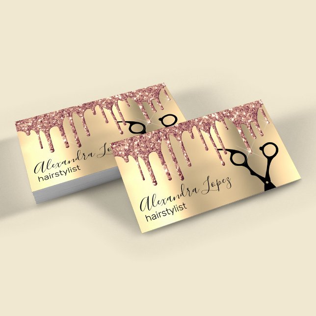 Elegant copper rose gold glitter drips hairstylist business card (Creator Uploaded)