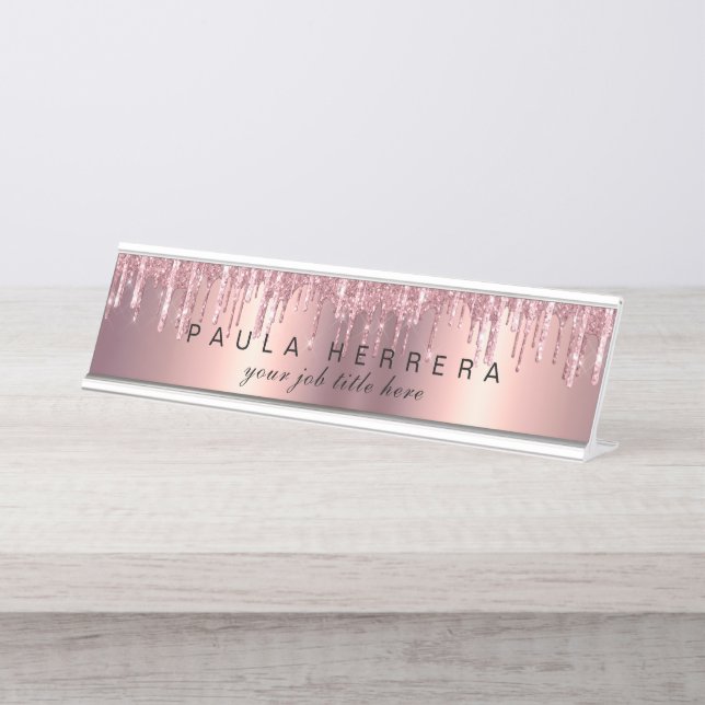 Elegant copper rose gold glitter drips makeup desk name plate (Front)