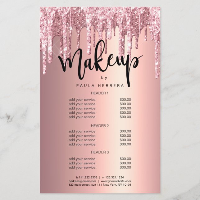 Elegant copper rose gold glitter drips makeup flyer (Front)