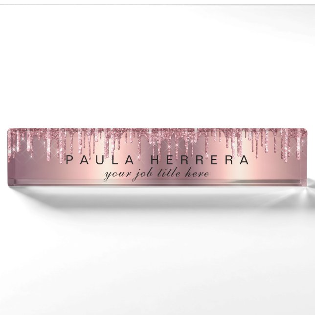Elegant copper rose gold glitter drips makeup nameplate (Front)