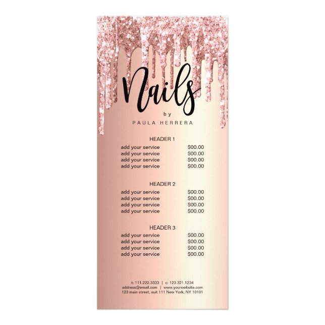Elegant copper rose gold glitter drips nails rack card (Front)