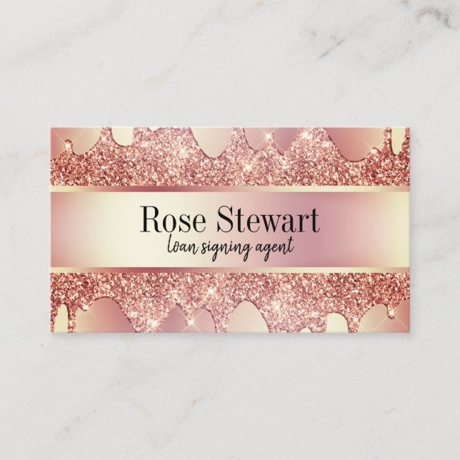 Elegant copper rose gold glitter drips notary business card (Front)