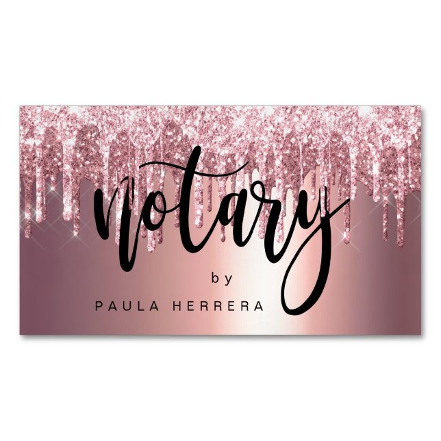 Elegant copper rose gold glitter drips notary  	Magnetic business card (Front)