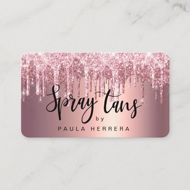 Elegant copper rose gold glitter drips spray tans business card (Front)